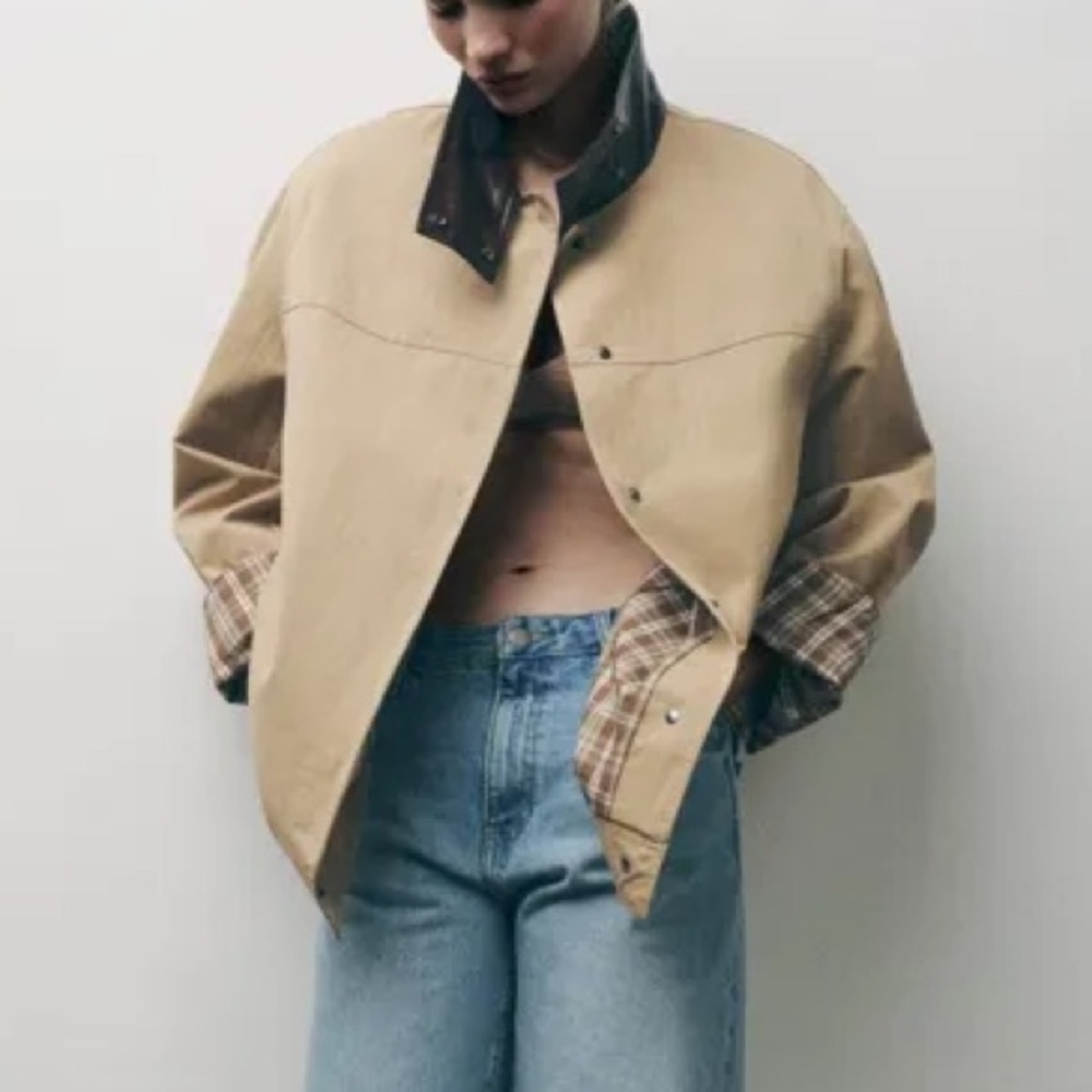 Zara Contrast Collar Jacket with Plaid Lining ZW Collection NWT - Picture 3 of 11